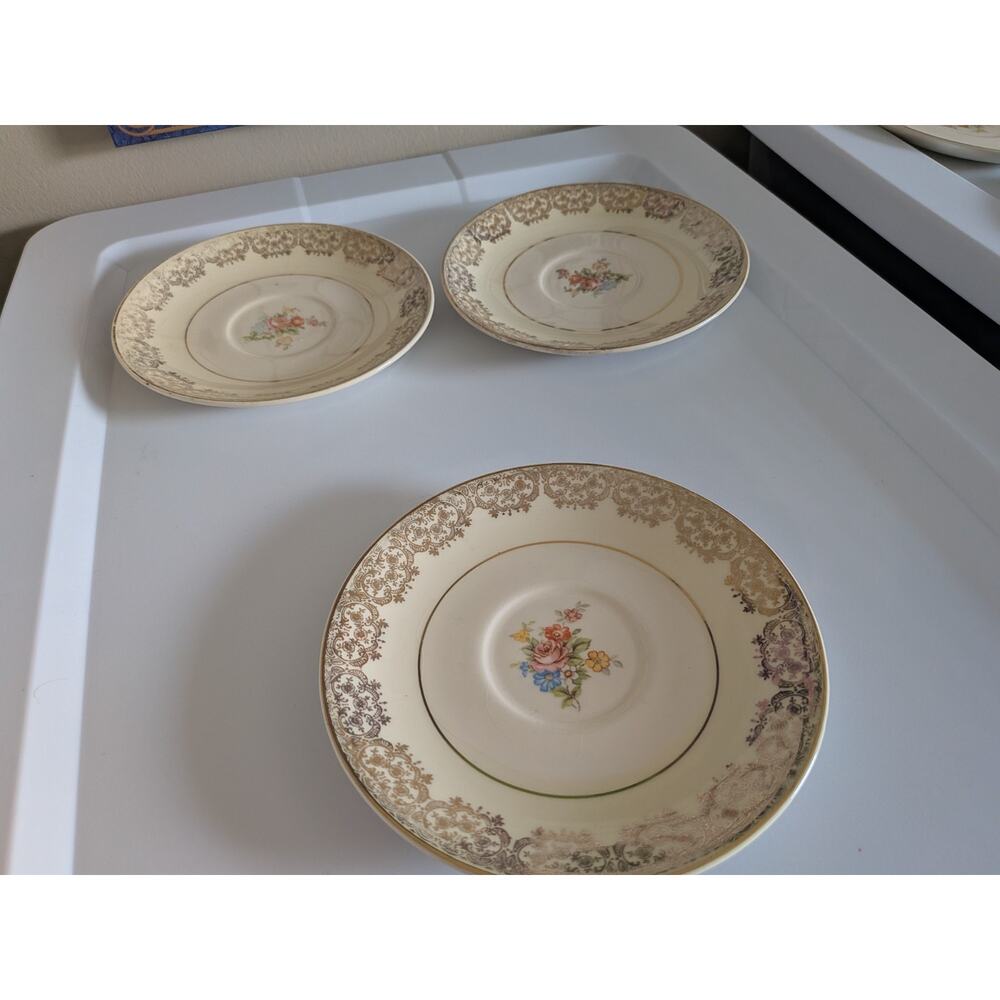 Paden City Pottery Pink Rose Pattern & Gold Trim Set Of 8 Plates & 2 Tea Cups - Picture 2 of 8